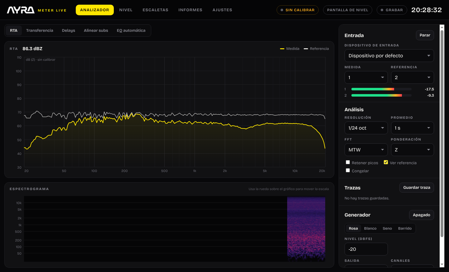 Analitzador RTA d’Ayra Meter Live amb la mesura, la referència i l’espectrograma